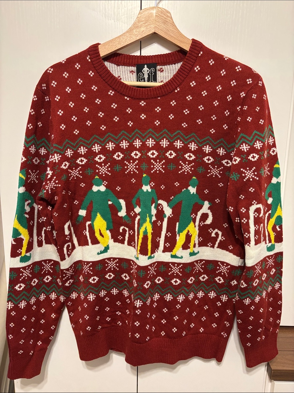 Men's Red Holiday Elf Pattern Crewneck Sweater - S